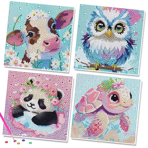 4er Set Diamond Painting für Kinder Ab 4-10 Jahre, Basteln Mädchen 6-12 Jahre, 5D Diamant Painting Bilder Tiere Mit Geschenkbox 15x15cm