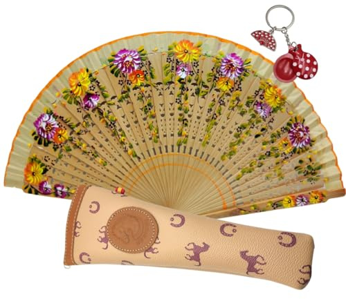 Planta Color Abanico de Madera con Flores Pintadas a Mano. Incluye una Funda Artesanal Hecha en España para Proteger el Abanico. Imán de Regalo con Dibujo de Costumbres Españolas (Ocre ocre)