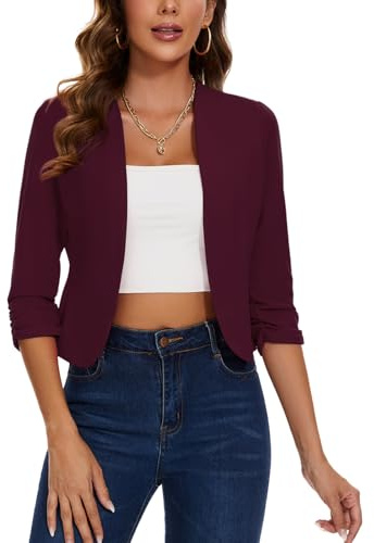 LADI TREND Blazer corto da donna, senza colletto, giacche aperte sul davanti, maniche a 3/4, cardigan in mezzo lino, R-vino Rosso, S