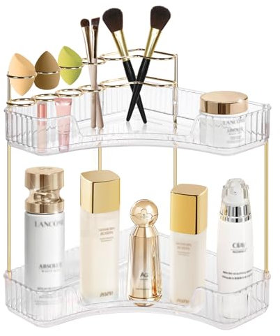 Organisateur cosmétique de maquillage : 2 niveaux Transparent Organiseur de beauté d'angle Organisateur de soins de la peau Réglable Multifonctionnel Coiffeuse Organisateur pour salle de bain