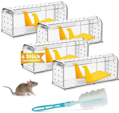 KENNEAS Mausefalle Lebend 4er Pack, Lebendfalle Maus, Wiederverwendbar, Tierfreundliche, Hochsensitive Quick Release, Keiner Kontakt mit Mäusen in der Küche im Garten Im Lager (4, Transparent)