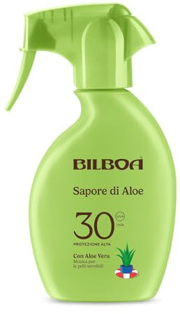 Bilboa Sapore di Aloe Trigger Solare SPF 30, con Aloe Vera, Musica per le Pelli Sensibili, Resistente all'Acqua, Dermatologicamente Testato - 250 ml