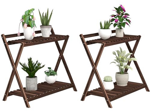 Outsunny Set 2 Portapiante a 2 Ripiani per Interni ed Esterni, Scaffale Porta Piante in Legno di Abete, per Patio, Giardino, Balcone, 73x36x64 cm, Marrone Bruciato