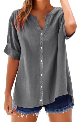 Dam linneblus bomull V-ringning elegant överdimensionerad bomullströjor avslappnad bekväm sommar vår andningsbar blus vintage enfärgad tröja t-shirt arbete kontor mode blus