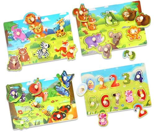 4 Stück Kleinkind Puzzle Spielzeug Set, Montessori-Spielzeug mit Tierthema Griff Holzpuzzle, Kinderspielzeug Motorikspielzeug Steckpuzzle Lernspielzeug, Feinmotorik, Geschenke für 1 2 bis 3 Jahre alt