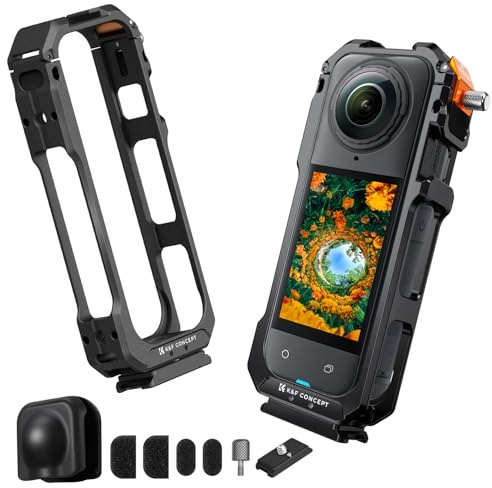 K&F CONCEPT Camera Cage for Insta360 X5, Aluminum Alloy Protective Case with Silicone Lens Cover, Frame with 2 Cold Shoe Mounts for Microphone and Led Video Light, Built-in 1/4 Screw Hole