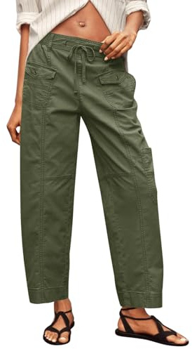 Fisoew Womens 100% Cotton Cargo Pants Drawstring Elastic Waist Casual Hiking Work Pants with Multiple Pockets Army Green