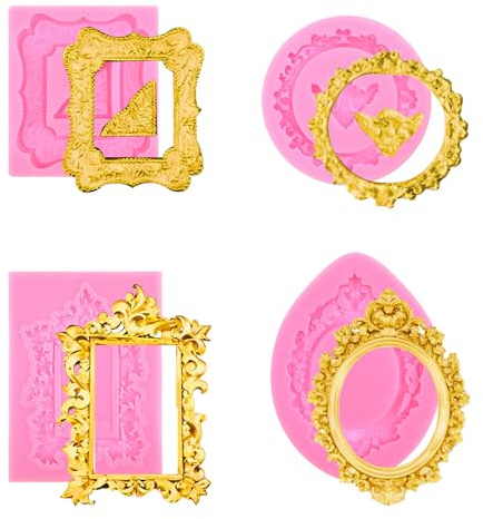 XLIUAX 4Pcs Silicone Photo Frame Molds for Chocolate, Pink Mini Fondant Sugar Candy Mold, Baroque Style Picture Frames Cakes Molds for Cupcake, Donut, Dessert Air Dry Clay Cake Decoration