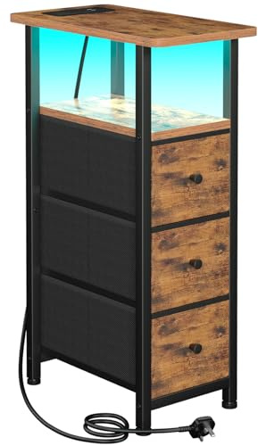 LOAKEKEL Slim Bedside Table with Charging Station, Narrow Side Table with LED Light, Small Sofa Table with 3 Fabric Drawers, End Table, Nightstand for Small Spaces, Living Room, Brown UHETNDP03LBR-1