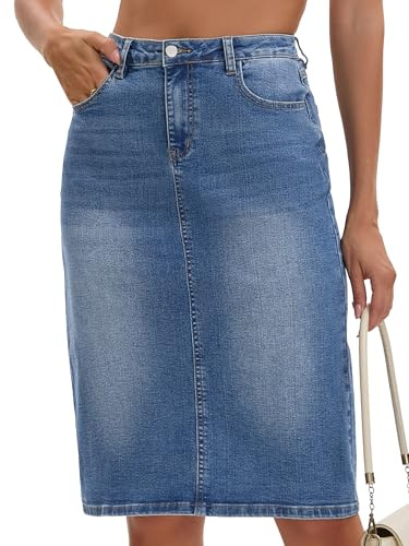 CIMUK Women's Jean Skirt Back Slit Stretch Below Knee Length Denim Skirts | High Waist, Washed Design, Pencil Hem, Regular Fit for Casual Styling, Button Zip Closure, with 4 Pockets