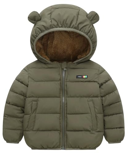 Giacca Invernale Piumino Bambini Caldo Foderato Pile Cappuccio Cerniera Neonati Piccoli Gioco Esterno (Army Green-1, 3-4 Years)