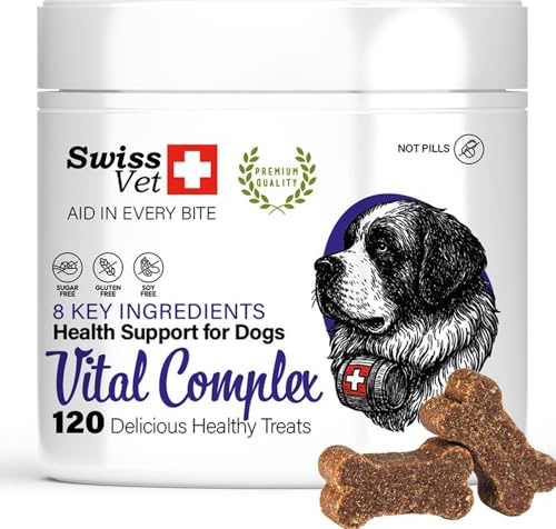 SwissVet 8 i 1 multivitaminer hund - 120 godsaker leder - glukosamin, kondroitin, MSM, kollagen - matsmältning (probiotika) och omega 3 laxolja - anti-klåda och glänsande hår