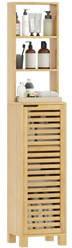 HOMCOM Armario de Baño Alto de Bambú, Columna de Baño Estrecha con 3 Estantes Abiertos, Puerta de Lamas, Estantes Ajustables, 34x30x170 cm, Natural