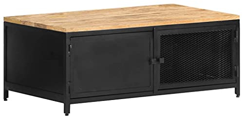 QUAHEAS Table basse 90 x 50 x 37 cm en bois massif de manguier rugueux, noir, avec 2 portes, motif grillagé, structure en fer robuste, style industriel pour salon