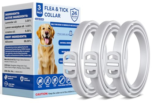 KOOSA Flea and Tick Collar for Dogs, 3 Packs Flea Collar for Dogs with Natural Essential Oils, Waterproof & Adjustable Flea and Tick Prevention Collar for Small Medium Large Dogs & Puppies, Grey