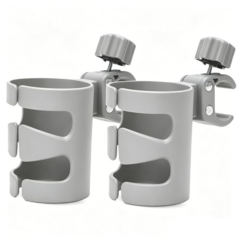 Pack of 2 Universal Stroller Cup Holders with Thickened Fish‑Bone Design, Anti-Side-Slip Drink Holders for Baby Bottles & Water Bottles, Fits Bikes, Trolleys, Wheelchairs and Walkers (Gray)