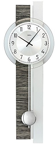 AMS 7439 Pendel-Uhr, Wanduhr mit Quarz-Uhrwerk, Silber / Grau / Holz-Optik, mit facettiertem Mineralglas - Wohnzimmer Pendelwanduhr