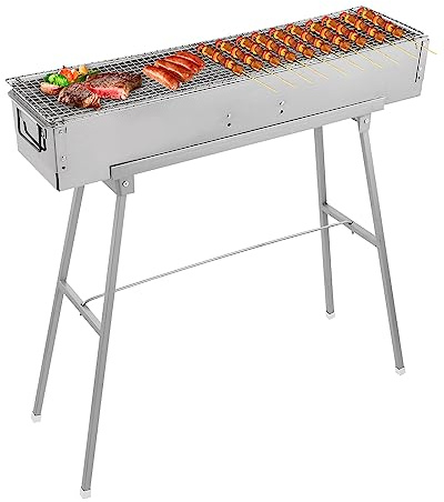 IRONWALLS Portable Charcoal Grills, 32 x 8 Stainless Steel Folded Camping Grill Kebab Skewer Barbecue Grill Kit for Garden Backyard Party Picnic Travel Home Outdoor Cooking Use