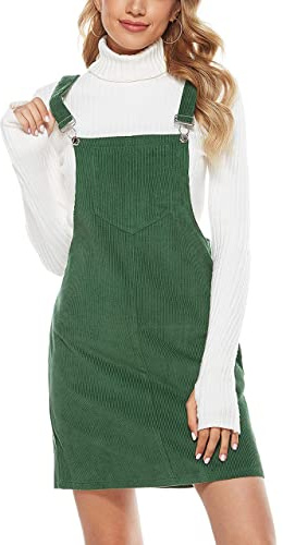 Hooever Women's Cute Corduroy Overall Bib Dress Pinafore Suspender Dress Skirt Jumper(Green-S)
