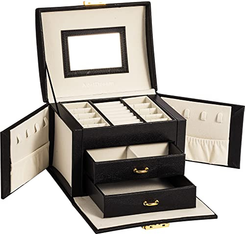 ADEL DREAM Portagioie per Ragazze Chiudibile a Chiave con Specchio Ampio Spazio di Archiviazione Pan Seta Nera 17,2x13,7x12 cm