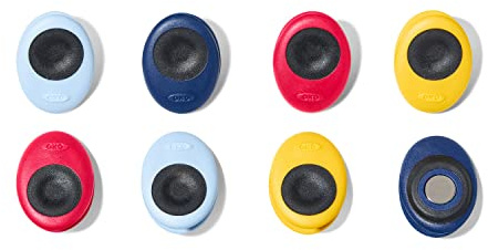 OXO Good Grips magnetiska miniklämmor, 8-pack, blandade färger | Halkfri klämyta, magnet på baksidan, klämmor står upprätt för recept, placeringskort eller anteckningar