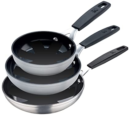 MasterPro Smart - Juego de 3 Sartenes de 12, 16 y 20 cm y Set de 3 Protectores, Aluminio Forjado, Antiadherente Reforzado, Mangos Ergonómicos Soft Touch, No PFOA No Lead no CADMIO, Plateado