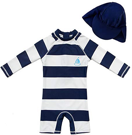 upandfast Maillot de Bain Une pièce avec Fermetures éclair pour Enfants Maillot de Bain Protection Solaire UPF 50+ avec Chapeau de Soleil (Rayures, 18-24 Mois)