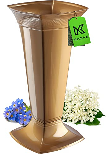 KADAX Vase Funéraire avec Socle en Plastique pour Cimetière - Décoration pour Pierre Tombale, Fleurs sur Pied (Doré/Grand)