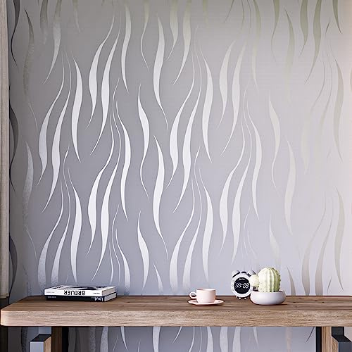 mamonhome Silver Gray Self Adhesive Removable Wallpaper Peel and Stick Wallpaper, 20.8 x 393 3D Modern Water Waves Fashion Non-Woven Wallpaper for Livingroom, Bedroom, Kitchen, Bathroom.