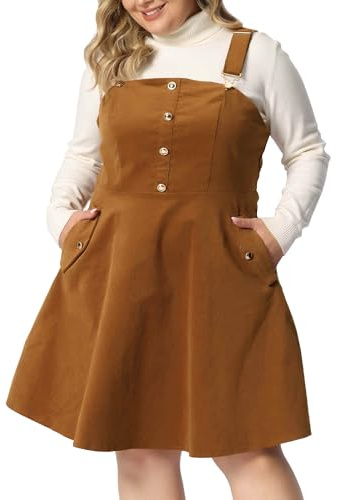 Agnes Orinda Corduroy Pinafore Short Dress for Women 2023 Plus Size Adjustable Strap Overall Dress Suspender Skirt 1X Brown