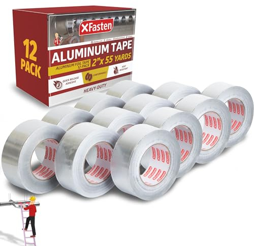 XFasten Aluminum Foil Tape for Ductwork 2 Inch x 55 Yards 12-Pack (1980 Feet) 3.6mil Aluminum Tape for Ductwork Heavy Duty Dryer Vent Tape Foil and Seal HVAC Tape for Ducts, High Temp HVAC Duct Tape