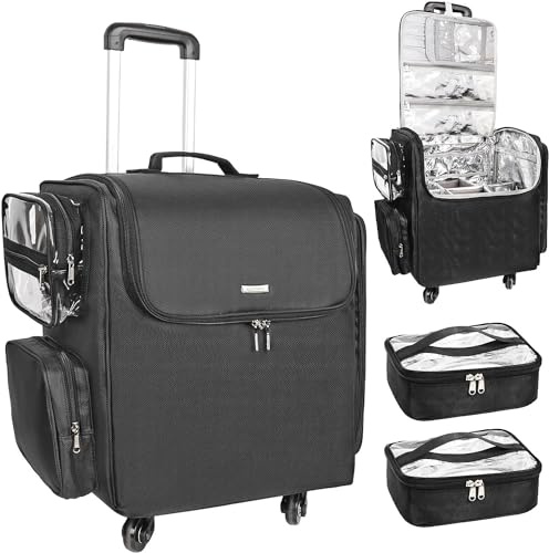 Valise cosmétique roulante, sac de voyage pour coiffeur avec 4 roues, isolation thermique, séparateurs réglables, outils pour cheveux et cosmétiques - Organisateur de rangement à roulettes, Noir ,