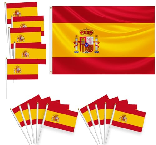 Lote de 16 banderas, 1 bandera grande 150x90 cm con ojales de latón, 15 banderas pequeñas de mano, decoración en eventos deportivos, fiestas(España)
