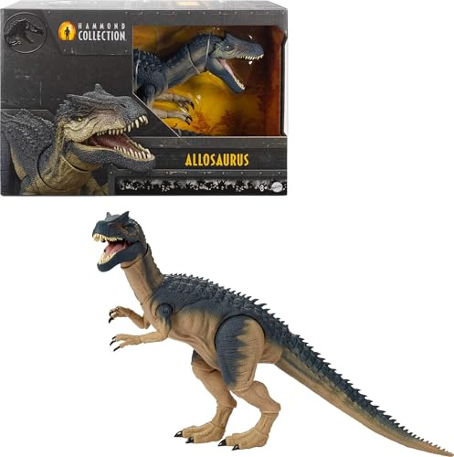 Mattel Jurassic World Colección Hammond Alosaurio Figura de acción de dinosaurio, diseño de película de primera categoría con ojos de cristal y cola con cable, 19 puntos de articulación, JCG13