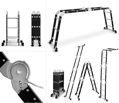 DRABEST - Escalera articulada 4x3 peldaños - de Aluminio y Acero - Escalera Plegable, Escalera de Aluminio - Carga máxima hasta 125 kg - Escalera polivalente, Escalera Extensible - 0,32x0,98x0,25 m