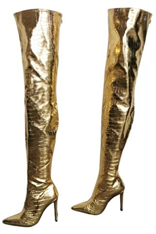 Scarpe da donna alla moda Stivali sopra il ginocchio in oro con stiletto sexy Stivali alti con cerniera posteriore Stivali impermeabili con tacchi alti Stivali di grandi dimensioni Adatto per il tempo