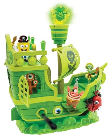 SPONGEBOB SQUAREPANTS Bob l'éponge | Navire néerlandais Volant – Playset Interactif avec Lumières, Mouvement et 6 Personnages du Film Une Aventure de Pirates – Produit Officiel Nickelodeon
