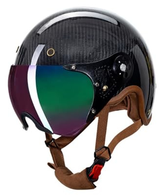 Vintage Half Shell Open Face Carbon Fiber Motorcycle Half Helmet Men and Women Adults Retro Skull Cap Motorbike Helmet for Scooter Moped Cruiser Chopper V DOT Approved with Visor(C,Medium)