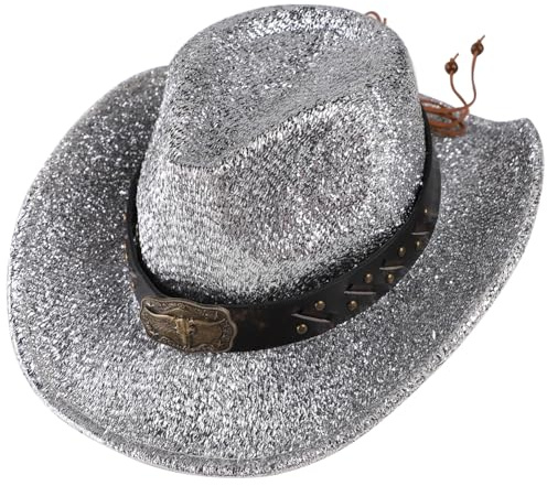 Femme Homme Chapeau de Cowboy à Paillettes Chapeau de Cowgirl Western Brillant Costume de Fête Disco d'Halloween Rétro Accessoire de Cosplay pour Halloween Carnaval Déguisement Cosplay - Argenté
