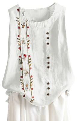 HAOLEI Vest Tops Women UK Summer Cotton Linen Sleeveless T-Shirt Plus Size Loose Fit Floral Shirts Dandelion Embroidered Lounge Wear Baggy Dressy Casual Blouses Ladies Tank Tops