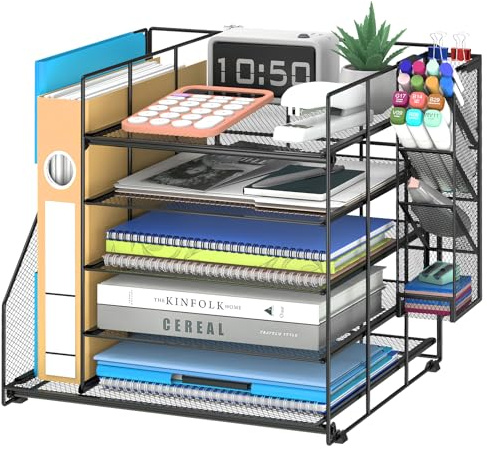 SUPEASY Desk Organiser with File Holder, 5-Tier Paper Letter Tray Organiser with Pen Holders, Large Desktop Storage for Office Supplies(black)