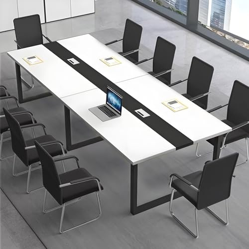 CCUKTFN Tavolo Riunioni Ufficio Moderno, Tavolo da Conferenza Rettangolare con Canalina per Cavi e Struttura in Metallo Nero, Ideale per 8-12 Persone, Sala Conferenze e Seminari