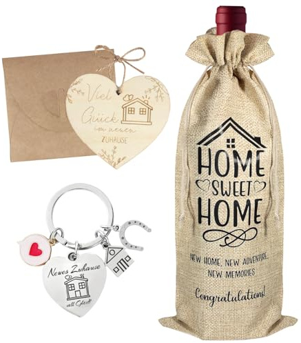 Regalo per Inaugurazione Casa - Set Benvenuto nella Nuova Casa con Portabottiglia Vino, Portachiavi Cuore, Busta & Targhetta per Feste di Inaugurazione, Trasloco, Compleamento Costruzione (35x15cm)