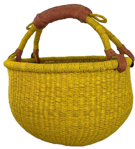 Cesto Rotondo Bolga medio circa Ø 30 x 30 cm – Artigianale dal Ghana – Fair Trade – Cesto per la spesa con Manico in Pelle – Giallo