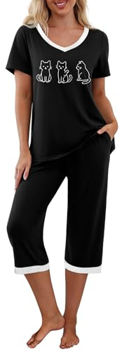 PrinStory Pyjamasset för kvinnor, sovkläder, lounge-kläder, kortärmad t-shirt, capribyxor, med fickor