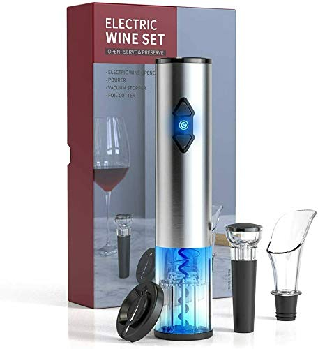 Kavydens - Juego de abrebotellas vino eléctrico a pilas, sacacorchos automático inalámbrico con cortador lámina aluminio incorporado, tapón al vacío y vertedor acero inoxidable