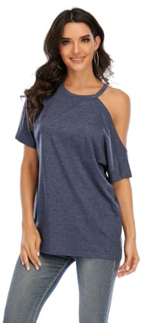Women Cold Shoulder T-Shirt Loose Fit Casual Top Short Sleeve Off Shoulder Blouse Summer Tunic Tee Ladies Oversized Top (Navy, XXL)