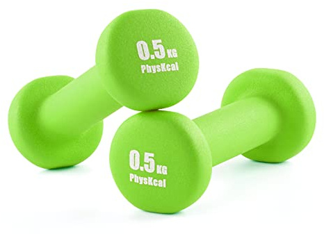 PhysKcal Dumbbells Set of 2 for Home Gym Exercise, Comfy To Hold Soft-touch Grip, Sweat-resistant Neoprene Coating, Pilates Cardio Hand Weights for Toning, Dumbbells in 0.5kg 1kg 1.5kg 2kg 3kg Pair