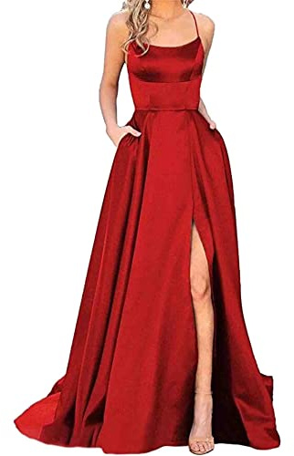 HAHAEMMA Robe Longue Élégante pour Femme avec Poches - Satin Ligne A Sans Dos, Sexy Dos Nu, Spaghetti - Robe de Soirée, Mariée, Princesse, Demoiselle d'Honneur (RE- M)