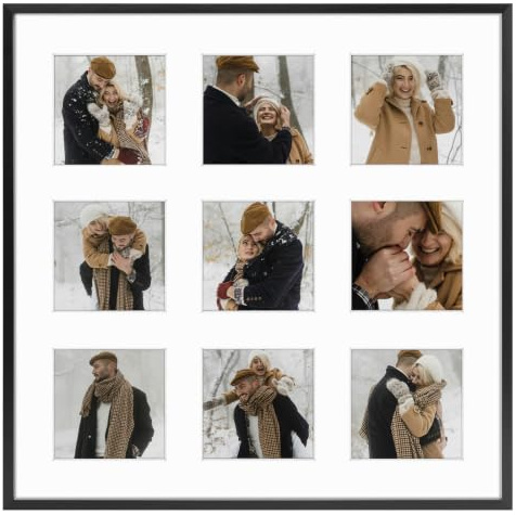 Frametory - 16x16 Aluminum Collage Picture Frame - Display 4x4 Pictures with 9 Openings Mat - Real Glass Front - Horizontal/Vertical Wall Mount - Black 1 Pack